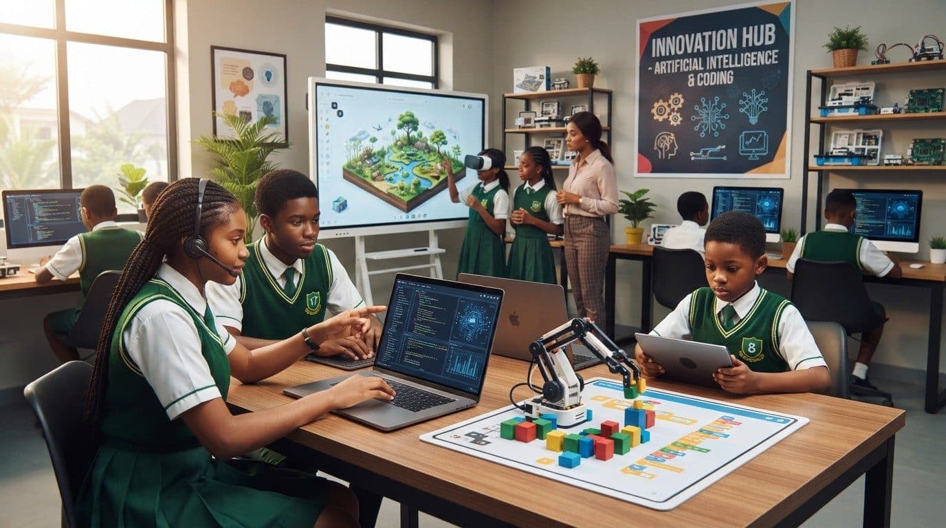 Pupils learning artificial intelligence and coding in a school innovation hub, with laptops, a robot arm and a virtual reality headset
