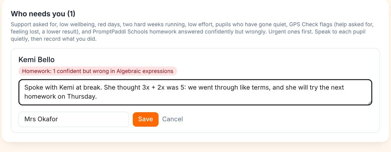 Who needs you: Kemi Bello, one confident but wrong answer in algebraic expressions, and the teacher's note of what they did