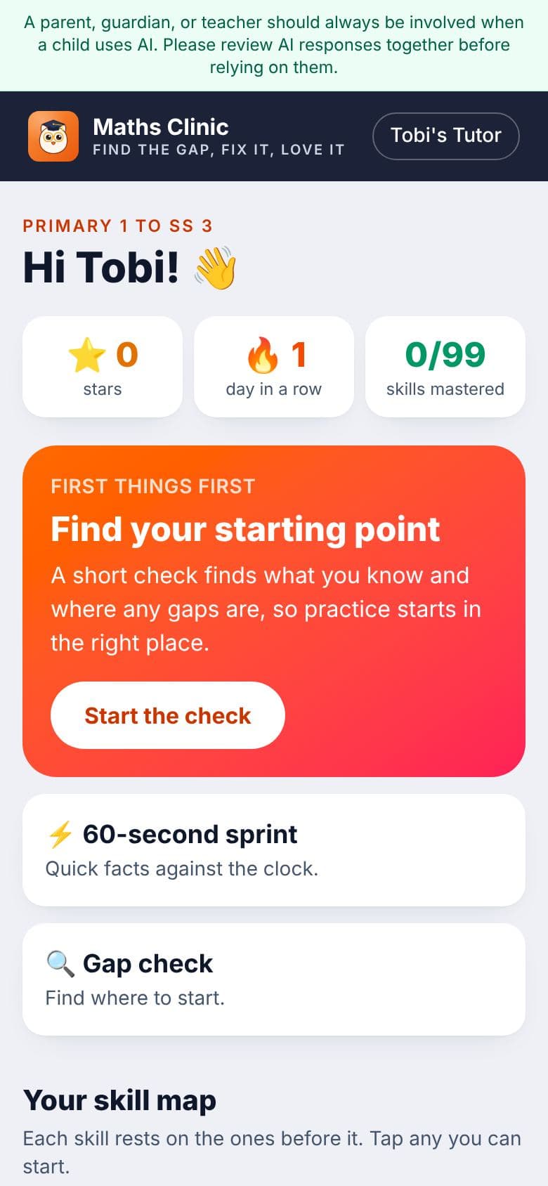 A child's Maths Clinic: today's skill, stars and streak