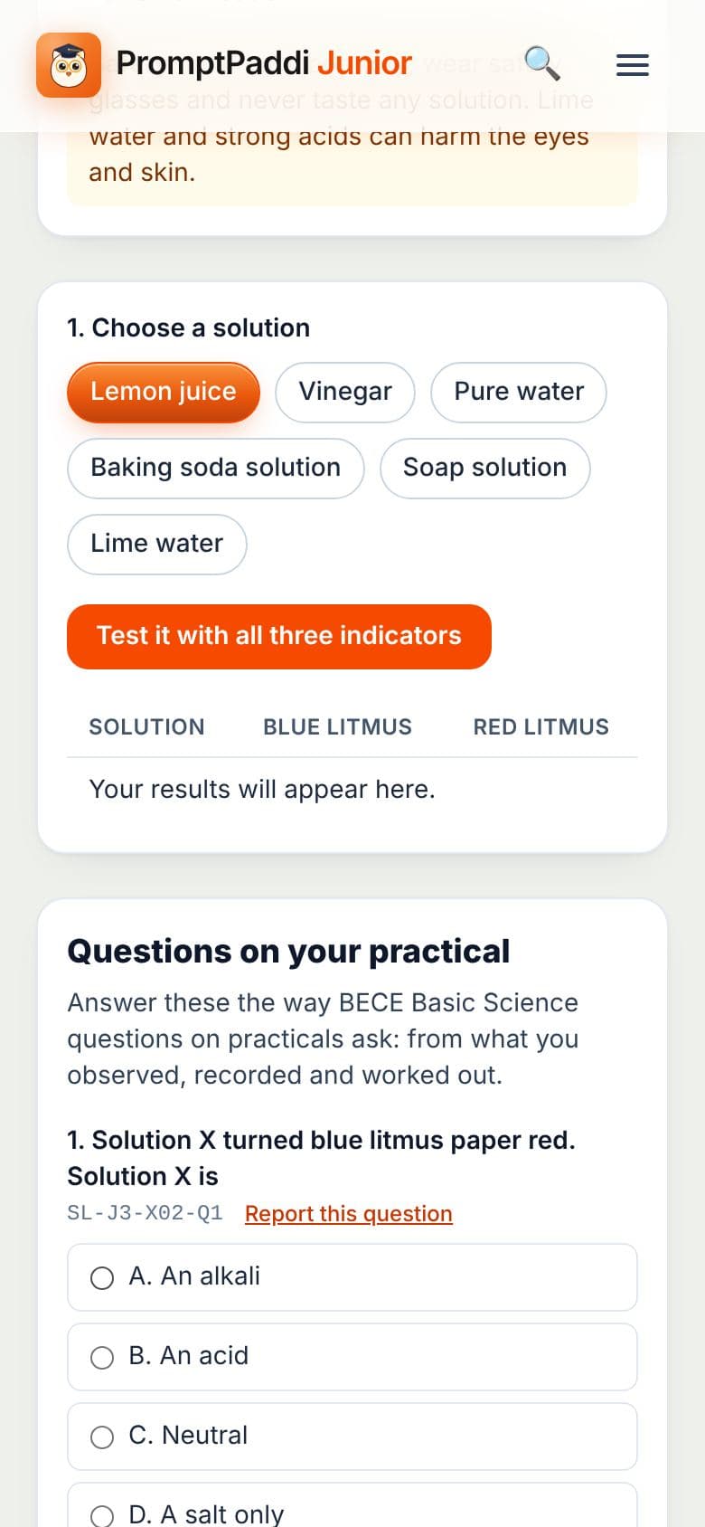 A Science Lab virtual practical on a phone