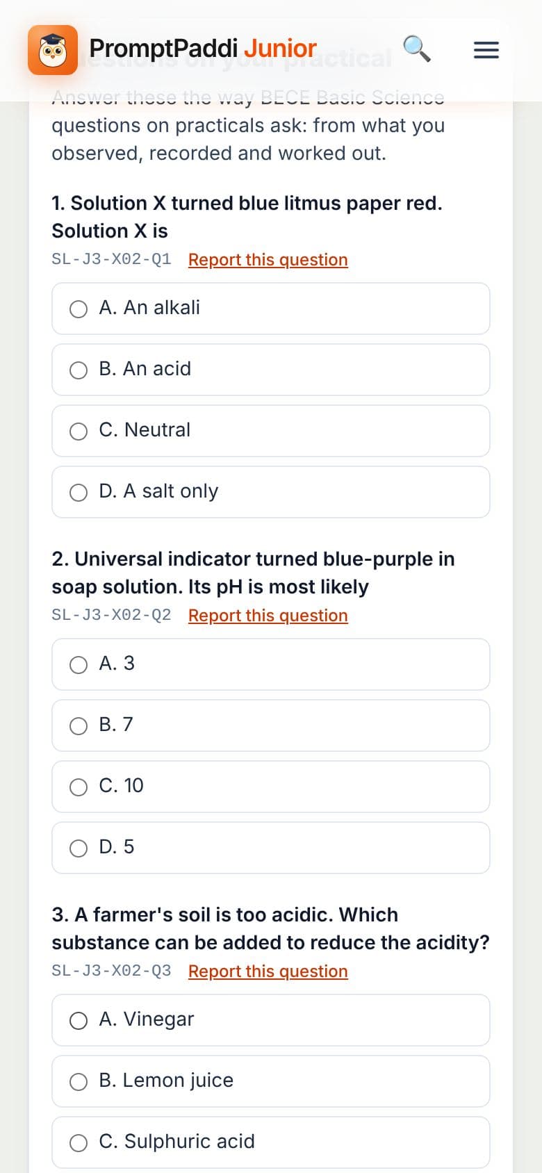 Questions after a Science Lab practical, marked at once