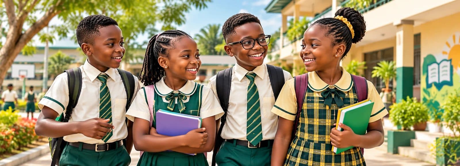 Four happy pupils in school uniform walking together across the school grounds, carrying their books