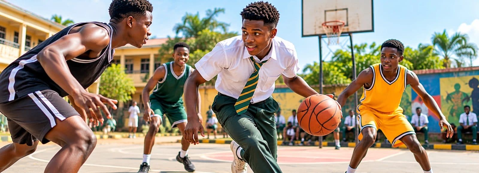 Secondary school students playing basketball together on the school court at break time