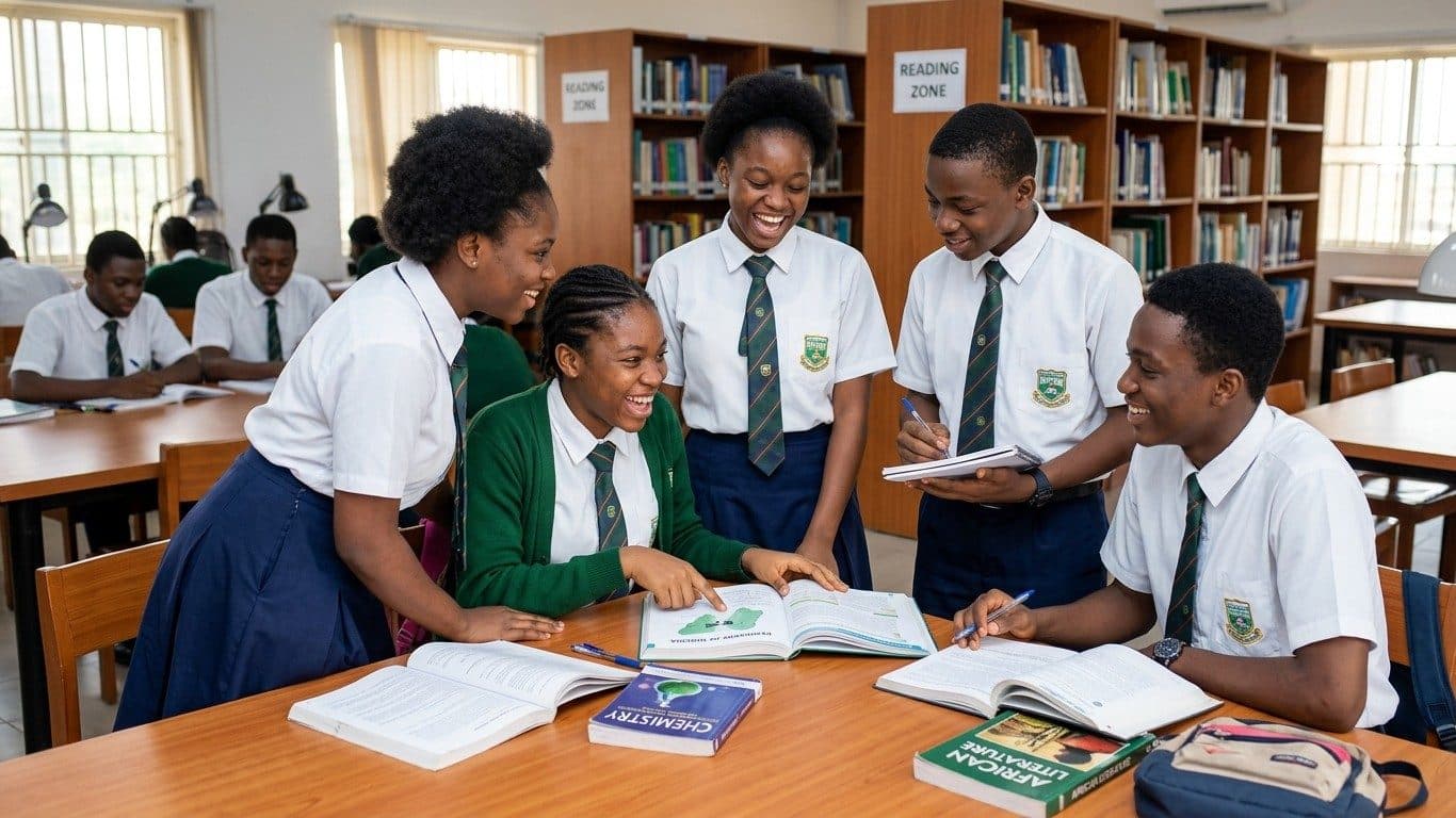 Secondary school students laughing as they study together in the school library, with Chemistry and Literature books
