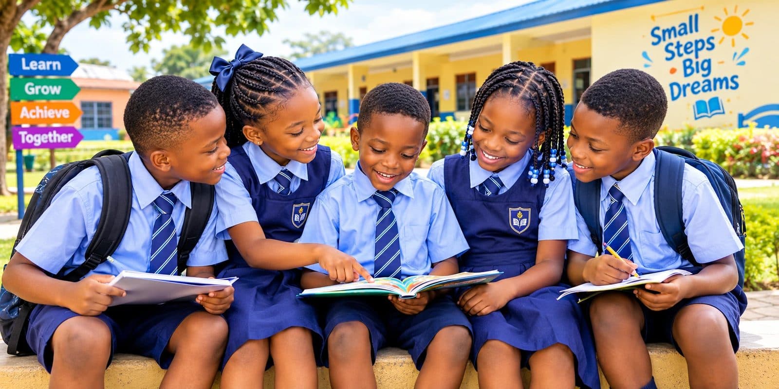 Primary pupils sitting together outside their school, reading a book and writing in their exercise books