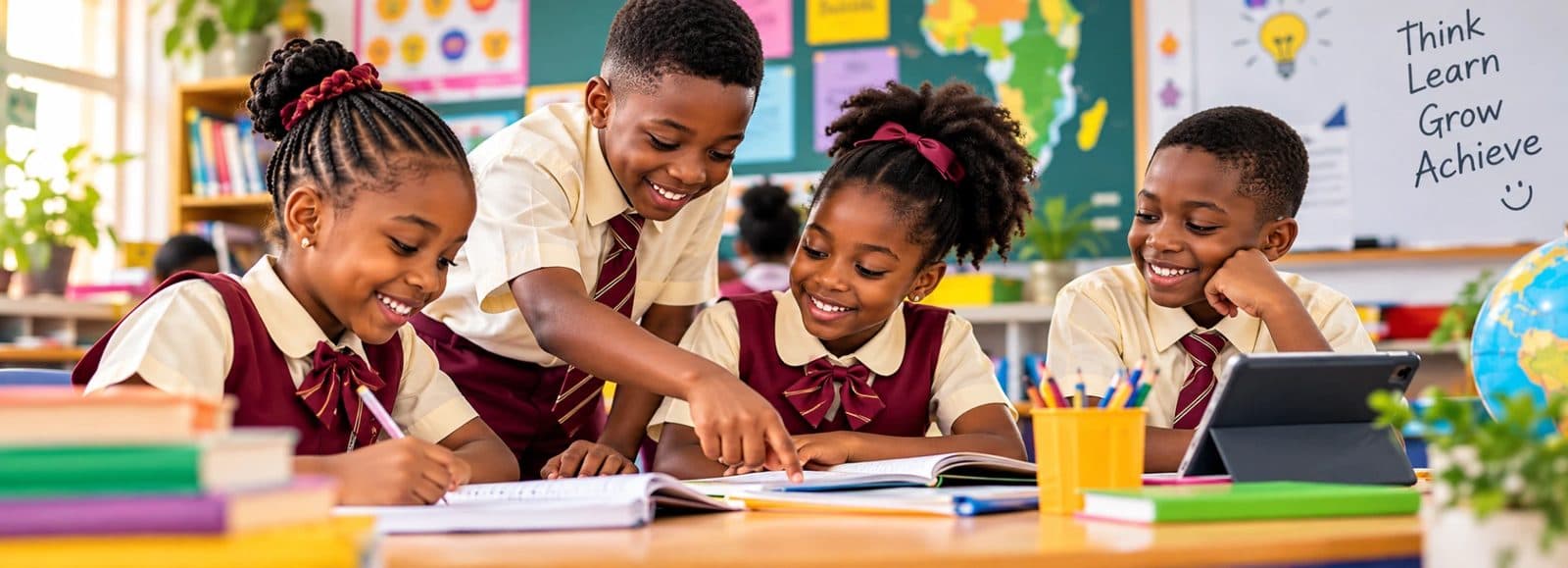 Primary pupils smiling as they work through their exercise books together, one pointing to help a classmate, with a tablet on the desk