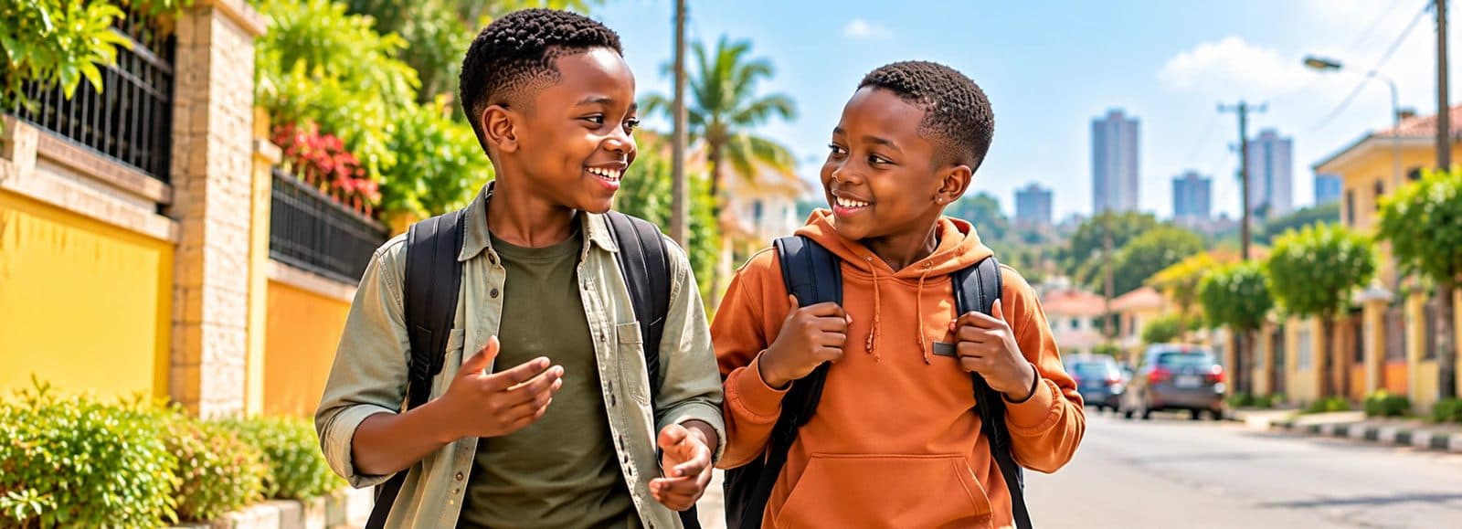 Two smiling boys with school bags chatting as they walk home along a sunny street
