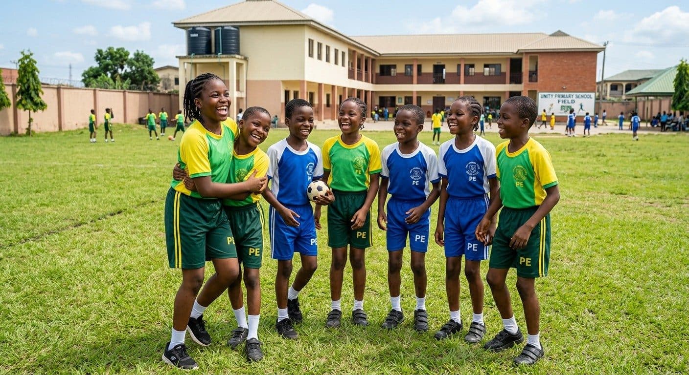 Smiling pupils in their PE kit standing together on the school field