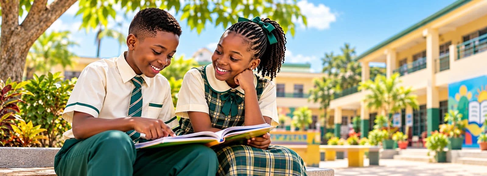 Two pupils in school uniform sitting under a tree in the school grounds, reading a book together