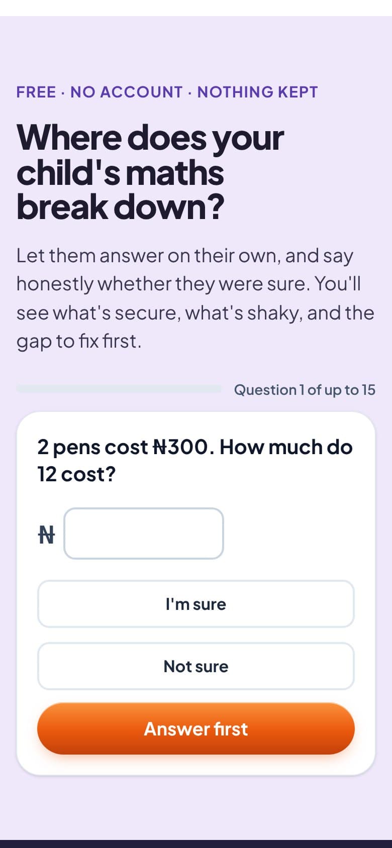 A Maths Clinic gap check question, with I'm sure and Not sure