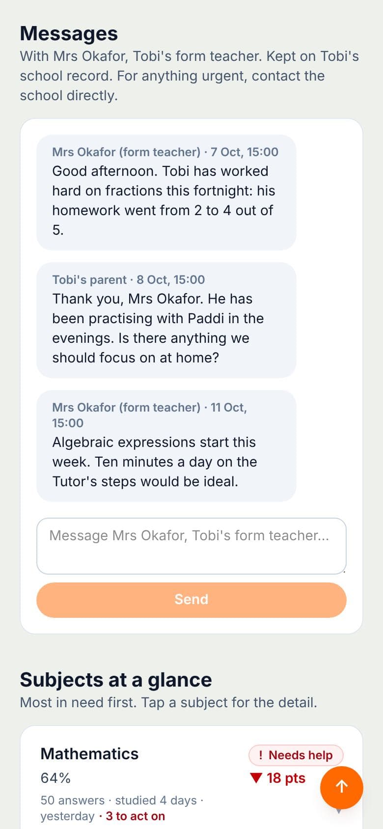 Messages between his parents and form teacher