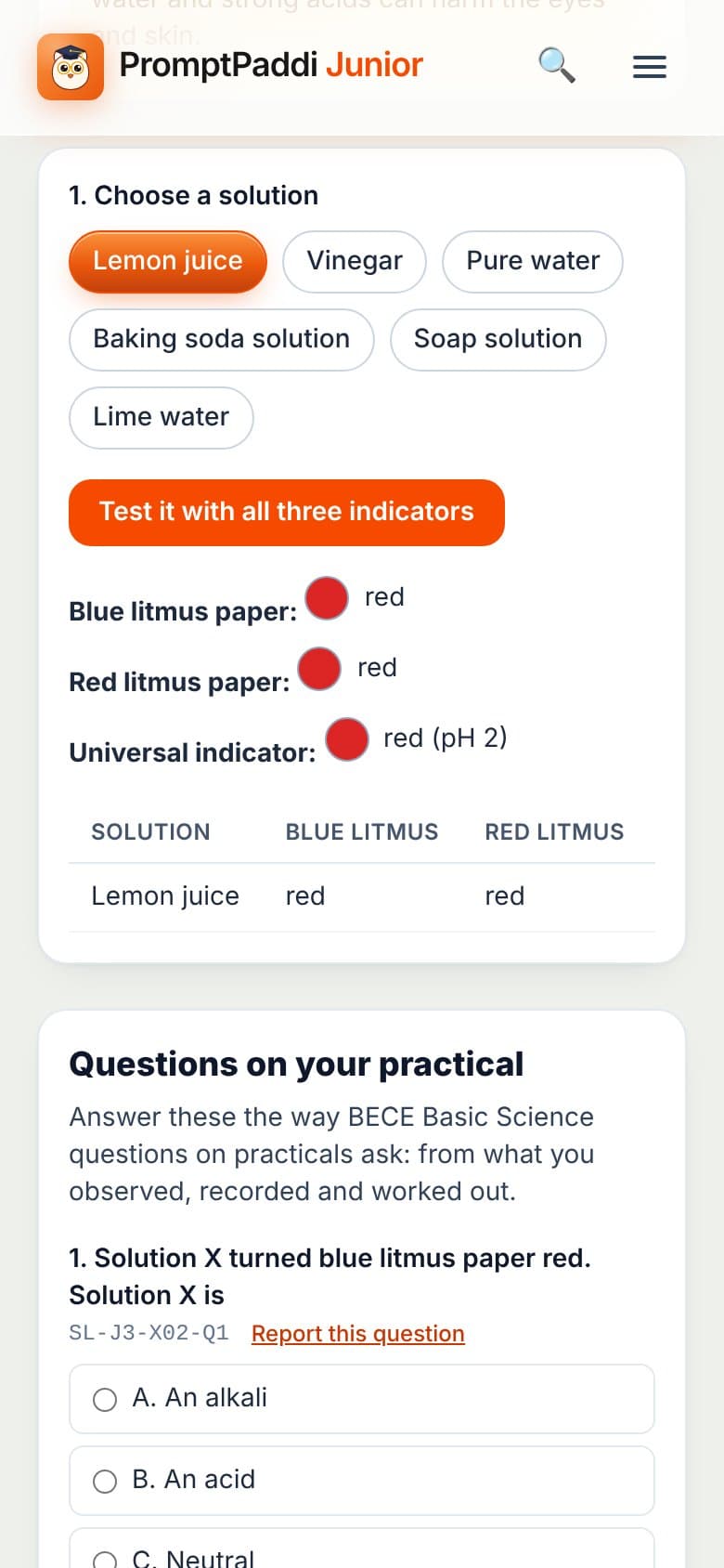 A Science Lab practical: testing lemon juice with litmus and universal indicator