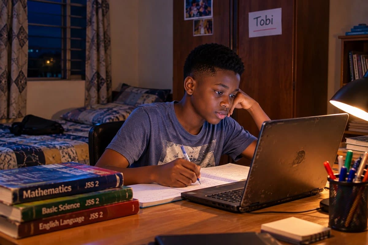 Tobi, a JSS 2 pupil, at his desk at home in the evening, writing in his exercise book beside his laptop