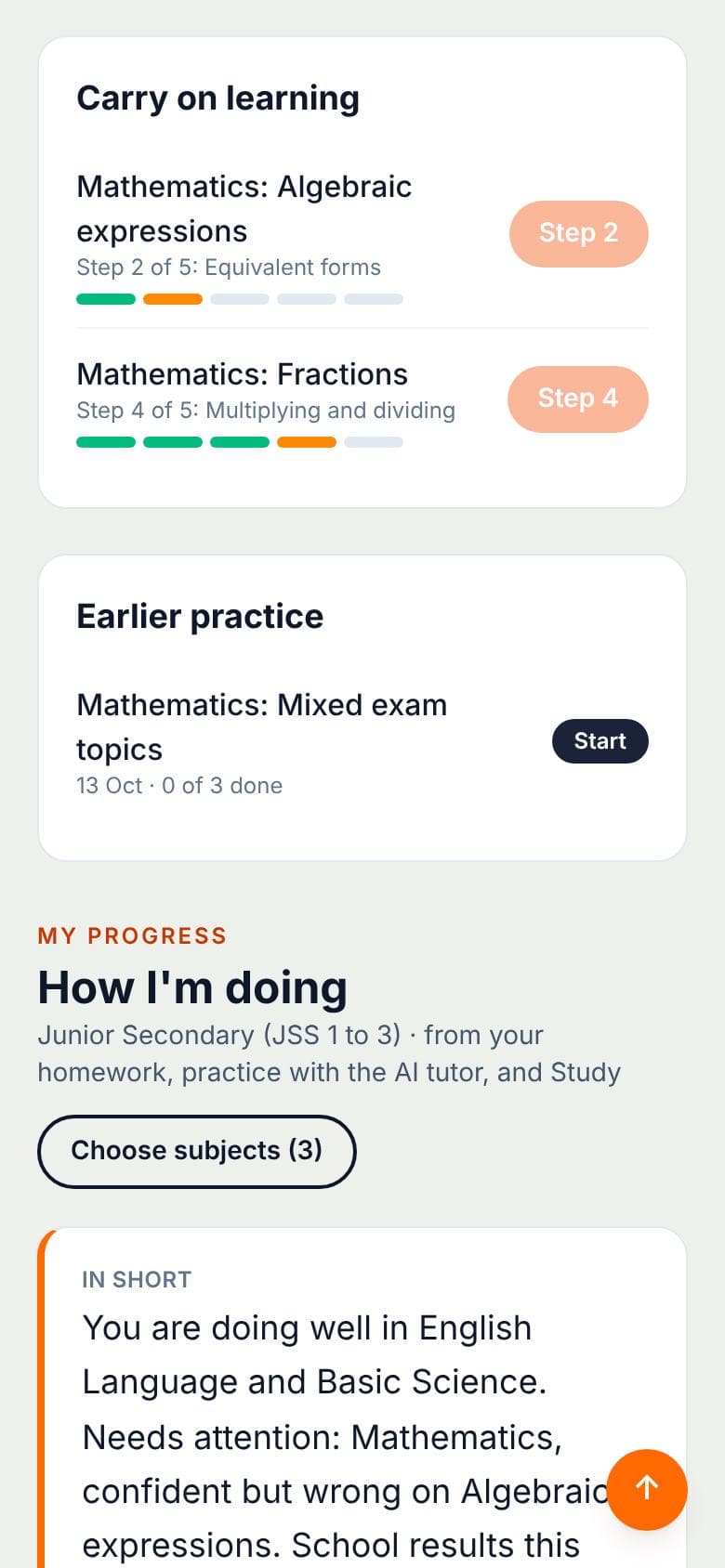 Each topic's steps