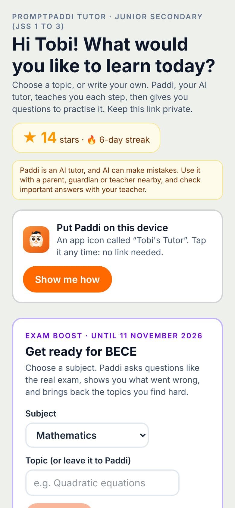 A child's Tutor page: stars, streak and Exam Boost