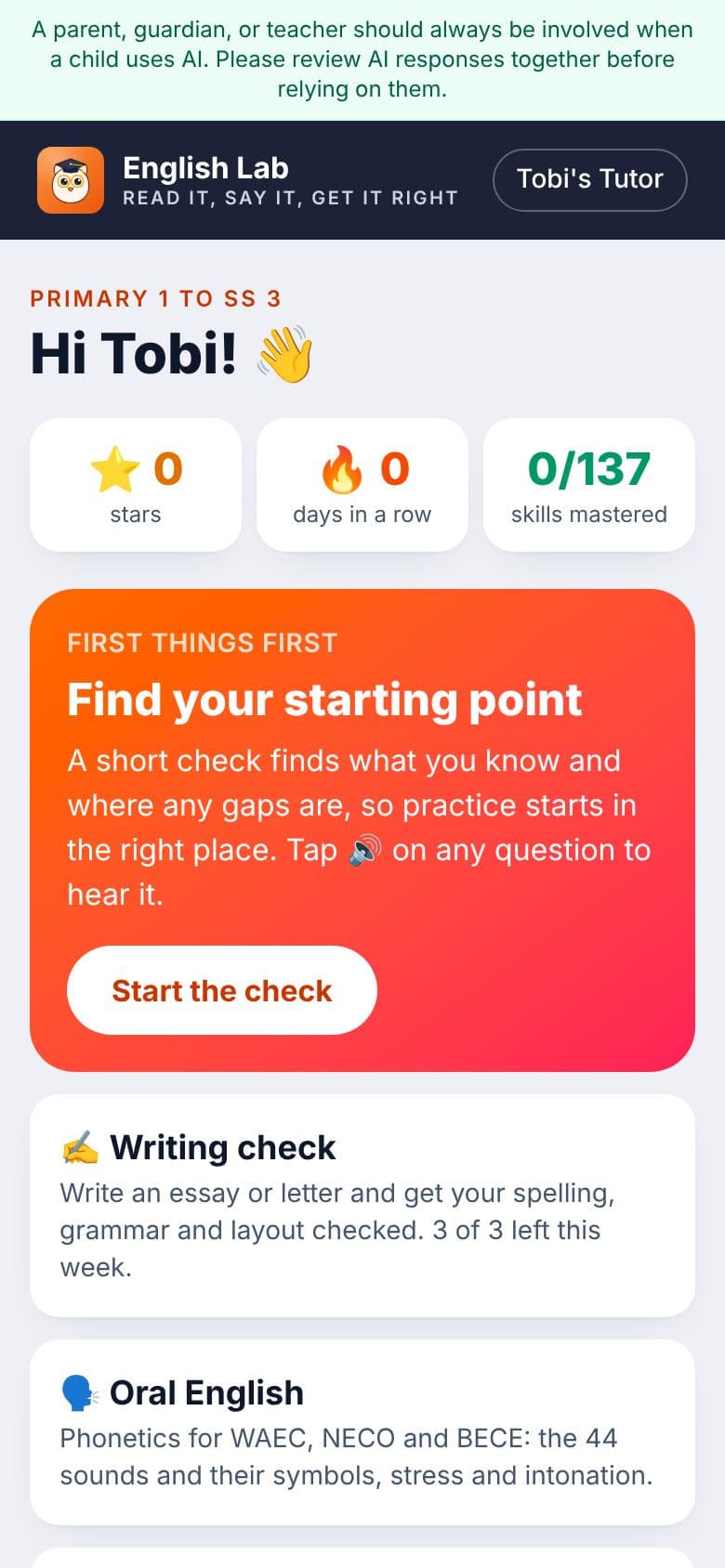 A child's English Lab: today's skill, the writing check and speaking practice