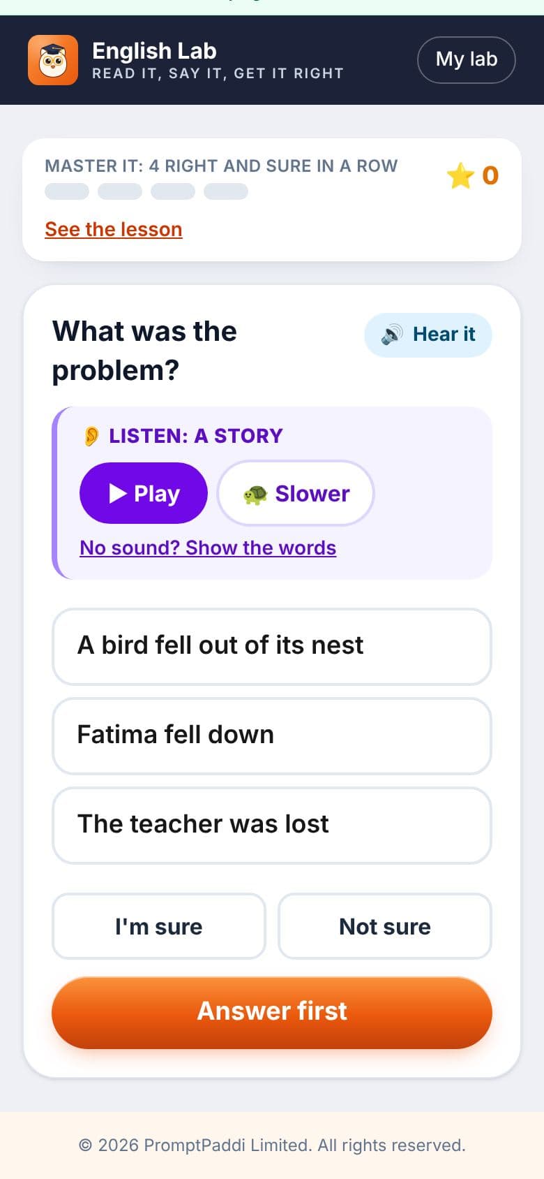 An English Lab listening question with Play and Slower buttons