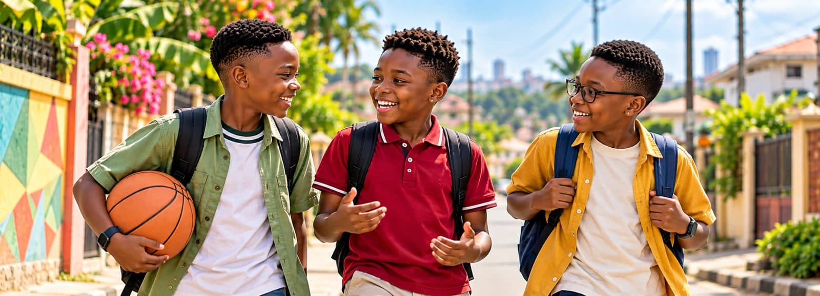 Three friends with school bags laughing together on their way home, one holding a basketball